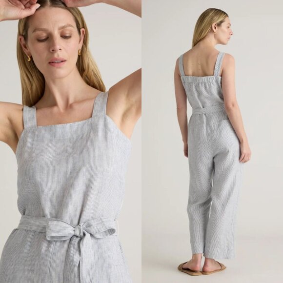 Quince Blue Pinstripe Linen Square Neck Jumpsuit Size Medium 26666 - Picture 1 of 16